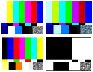 Top left: original video. Top right: color temperature adjusted from 6500 to 9000 K Bottom left: inverted colors. Bottom right: inverted colors and black-white threshold